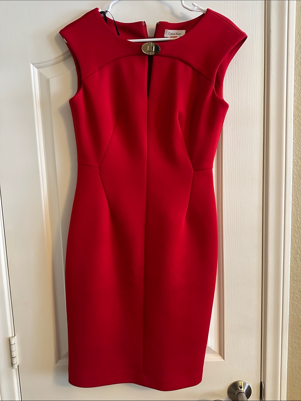 Calvin Klein Vibrant Red Cap-Sleeve Sheath Dress with Gold Accent